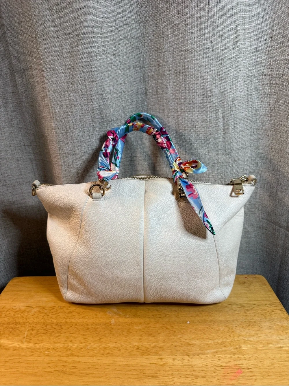 Coach Cream Pebbled Leather Shoulder Tote with Blue Floral Scarf Handles